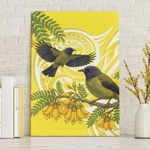 Bellbird New Zealand Canvas Wall Art Korimako Kowhai Maori Pattern