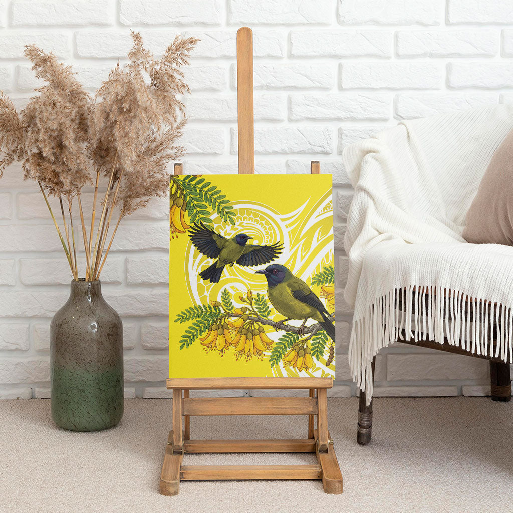 Bellbird New Zealand Canvas Wall Art Korimako Kowhai Maori Pattern