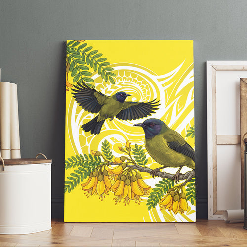 Bellbird New Zealand Canvas Wall Art Korimako Kowhai Maori Pattern