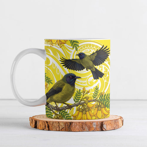 Bellbird New Zealand Ceramic Mug Korimako Kowhai Maori Pattern