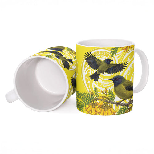 Bellbird New Zealand Ceramic Mug Korimako Kowhai Maori Pattern