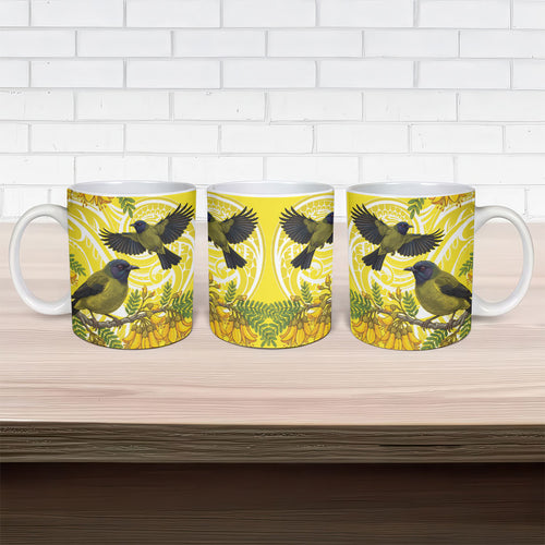 Bellbird New Zealand Ceramic Mug Korimako Kowhai Maori Pattern