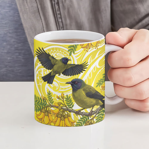 Bellbird New Zealand Ceramic Mug Korimako Kowhai Maori Pattern
