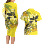 Bellbird New Zealand Couples Matching Long Sleeve Bodycon Dress and Hawaiian Shirt Korimako Kowhai Maori Pattern