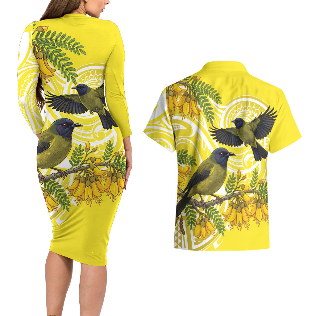 Bellbird New Zealand Couples Matching Long Sleeve Bodycon Dress and Hawaiian Shirt Korimako Kowhai Maori Pattern