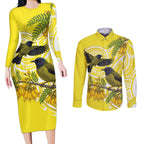 Bellbird New Zealand Couples Matching Long Sleeve Bodycon Dress and Long Sleeve Button Shirt Korimako Kowhai Maori Pattern