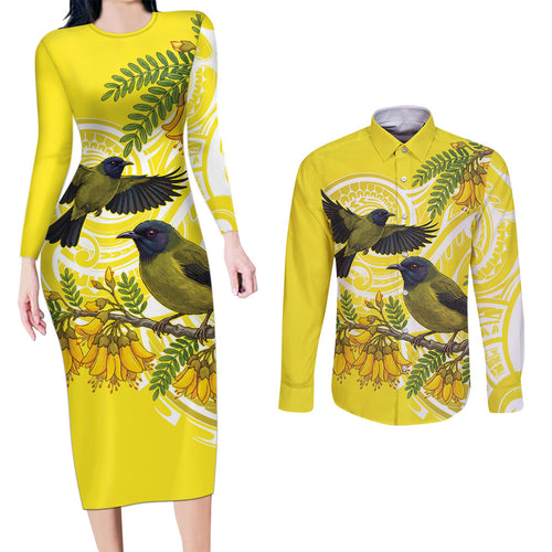 Bellbird New Zealand Couples Matching Long Sleeve Bodycon Dress and Long Sleeve Button Shirt Korimako Kowhai Maori Pattern
