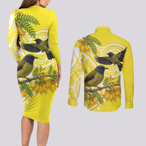 Bellbird New Zealand Couples Matching Long Sleeve Bodycon Dress and Long Sleeve Button Shirt Korimako Kowhai Maori Pattern