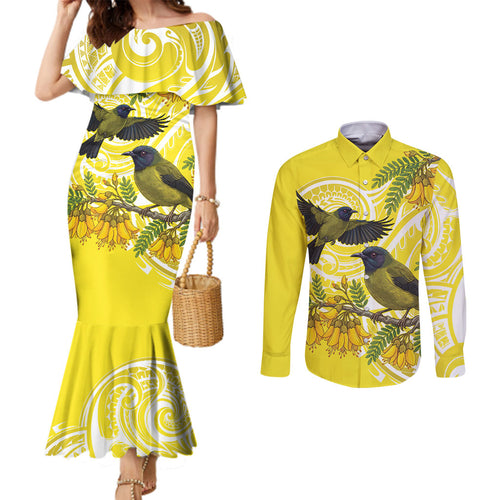 Bellbird New Zealand Couples Matching Mermaid Dress and Long Sleeve Button Shirt Korimako Kowhai Maori Pattern