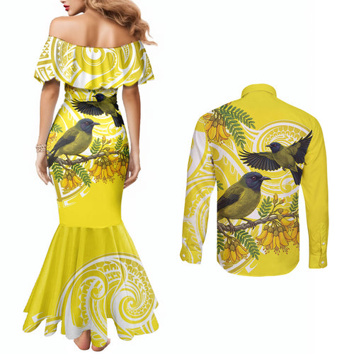 Bellbird New Zealand Couples Matching Mermaid Dress and Long Sleeve Button Shirt Korimako Kowhai Maori Pattern