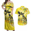 Bellbird New Zealand Couples Matching Off Shoulder Maxi Dress and Hawaiian Shirt Korimako Kowhai Maori Pattern