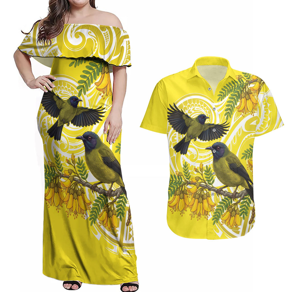 Bellbird New Zealand Couples Matching Off Shoulder Maxi Dress and Hawaiian Shirt Korimako Kowhai Maori Pattern
