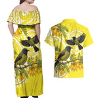 Bellbird New Zealand Couples Matching Off Shoulder Maxi Dress and Hawaiian Shirt Korimako Kowhai Maori Pattern