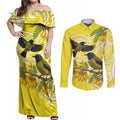 Bellbird New Zealand Couples Matching Off Shoulder Maxi Dress and Long Sleeve Button Shirt Korimako Kowhai Maori Pattern