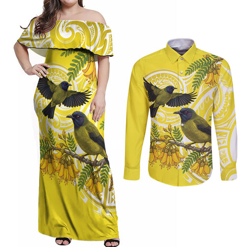 Bellbird New Zealand Couples Matching Off Shoulder Maxi Dress and Long Sleeve Button Shirt Korimako Kowhai Maori Pattern