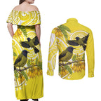 Bellbird New Zealand Couples Matching Off Shoulder Maxi Dress and Long Sleeve Button Shirt Korimako Kowhai Maori Pattern