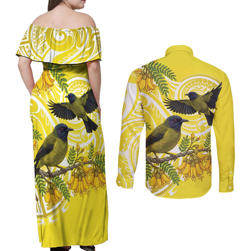 Bellbird New Zealand Couples Matching Off Shoulder Maxi Dress and Long Sleeve Button Shirt Korimako Kowhai Maori Pattern