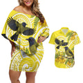 Bellbird New Zealand Couples Matching Off Shoulder Short Dress and Hawaiian Shirt Korimako Kowhai Maori Pattern