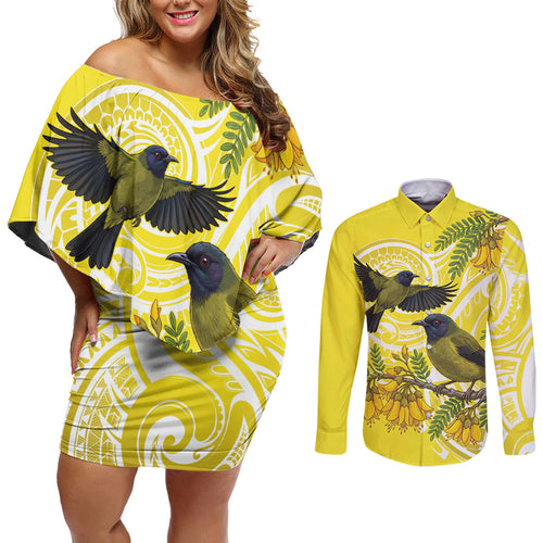 Bellbird New Zealand Couples Matching Off Shoulder Short Dress and Long Sleeve Button Shirt Korimako Kowhai Maori Pattern