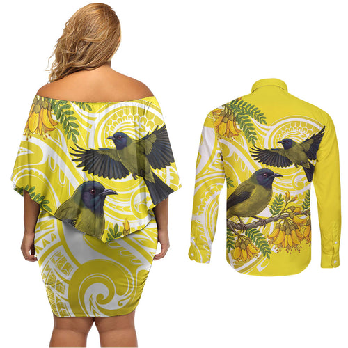 Bellbird New Zealand Couples Matching Off Shoulder Short Dress and Long Sleeve Button Shirt Korimako Kowhai Maori Pattern