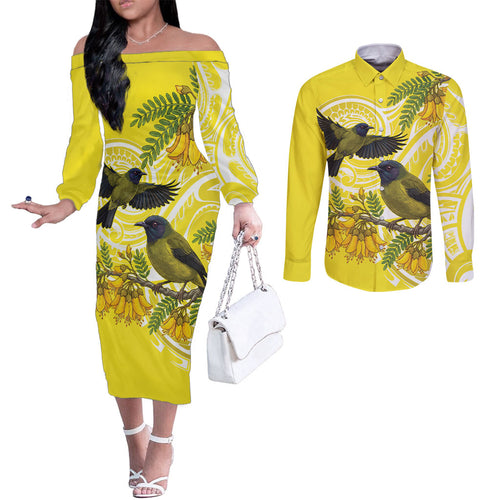 Bellbird New Zealand Couples Matching Off The Shoulder Long Sleeve Dress and Long Sleeve Button Shirt Korimako Kowhai Maori Pattern