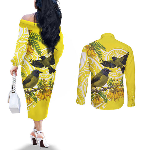 Bellbird New Zealand Couples Matching Off The Shoulder Long Sleeve Dress and Long Sleeve Button Shirt Korimako Kowhai Maori Pattern
