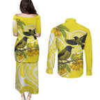 Bellbird New Zealand Couples Matching Puletasi and Long Sleeve Button Shirt Korimako Kowhai Maori Pattern