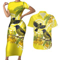 Bellbird New Zealand Couples Matching Short Sleeve Bodycon Dress and Hawaiian Shirt Korimako Kowhai Maori Pattern