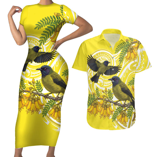 Bellbird New Zealand Couples Matching Short Sleeve Bodycon Dress and Hawaiian Shirt Korimako Kowhai Maori Pattern