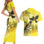 Bellbird New Zealand Couples Matching Short Sleeve Bodycon Dress and Hawaiian Shirt Korimako Kowhai Maori Pattern