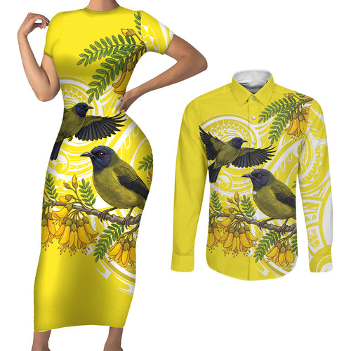 Bellbird New Zealand Couples Matching Short Sleeve Bodycon Dress and Long Sleeve Button Shirt Korimako Kowhai Maori Pattern