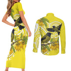 Bellbird New Zealand Couples Matching Short Sleeve Bodycon Dress and Long Sleeve Button Shirt Korimako Kowhai Maori Pattern