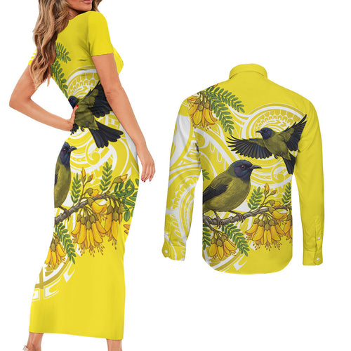 Bellbird New Zealand Couples Matching Short Sleeve Bodycon Dress and Long Sleeve Button Shirt Korimako Kowhai Maori Pattern