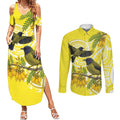 Bellbird New Zealand Couples Matching Summer Maxi Dress and Long Sleeve Button Shirt Korimako Kowhai Maori Pattern