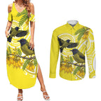 Bellbird New Zealand Couples Matching Summer Maxi Dress and Long Sleeve Button Shirt Korimako Kowhai Maori Pattern