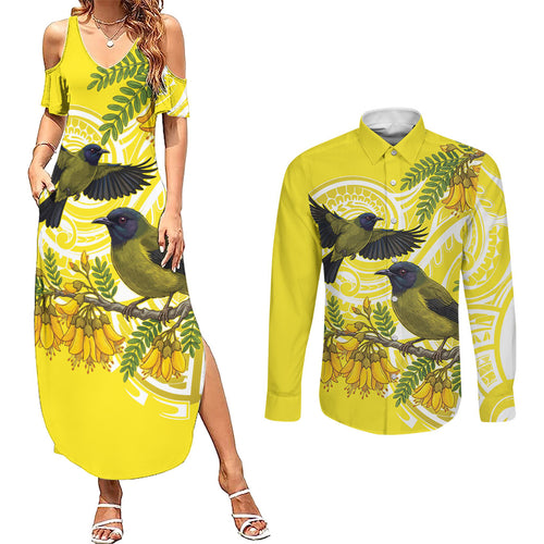 Bellbird New Zealand Couples Matching Summer Maxi Dress and Long Sleeve Button Shirt Korimako Kowhai Maori Pattern