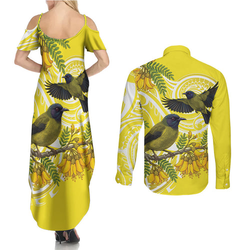 Bellbird New Zealand Couples Matching Summer Maxi Dress and Long Sleeve Button Shirt Korimako Kowhai Maori Pattern