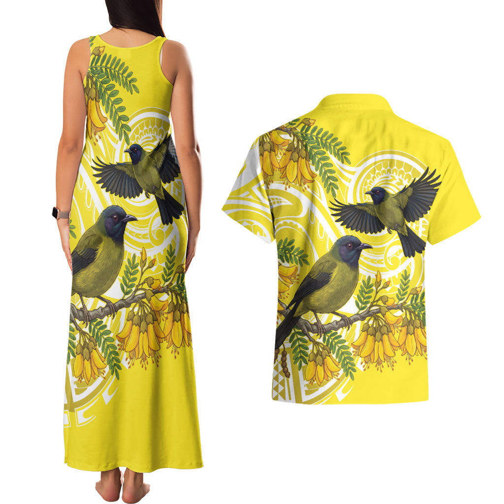 Bellbird New Zealand Couples Matching Tank Maxi Dress and Hawaiian Shirt Korimako Kowhai Maori Pattern