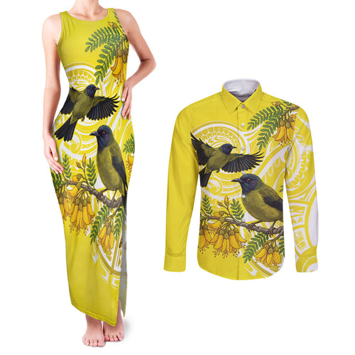 Bellbird New Zealand Couples Matching Tank Maxi Dress and Long Sleeve Button Shirt Korimako Kowhai Maori Pattern