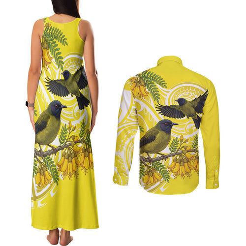 Bellbird New Zealand Couples Matching Tank Maxi Dress and Long Sleeve Button Shirt Korimako Kowhai Maori Pattern
