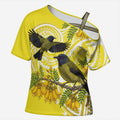 Bellbird New Zealand Cross Shoulder Shirt Korimako Kowhai Maori Pattern