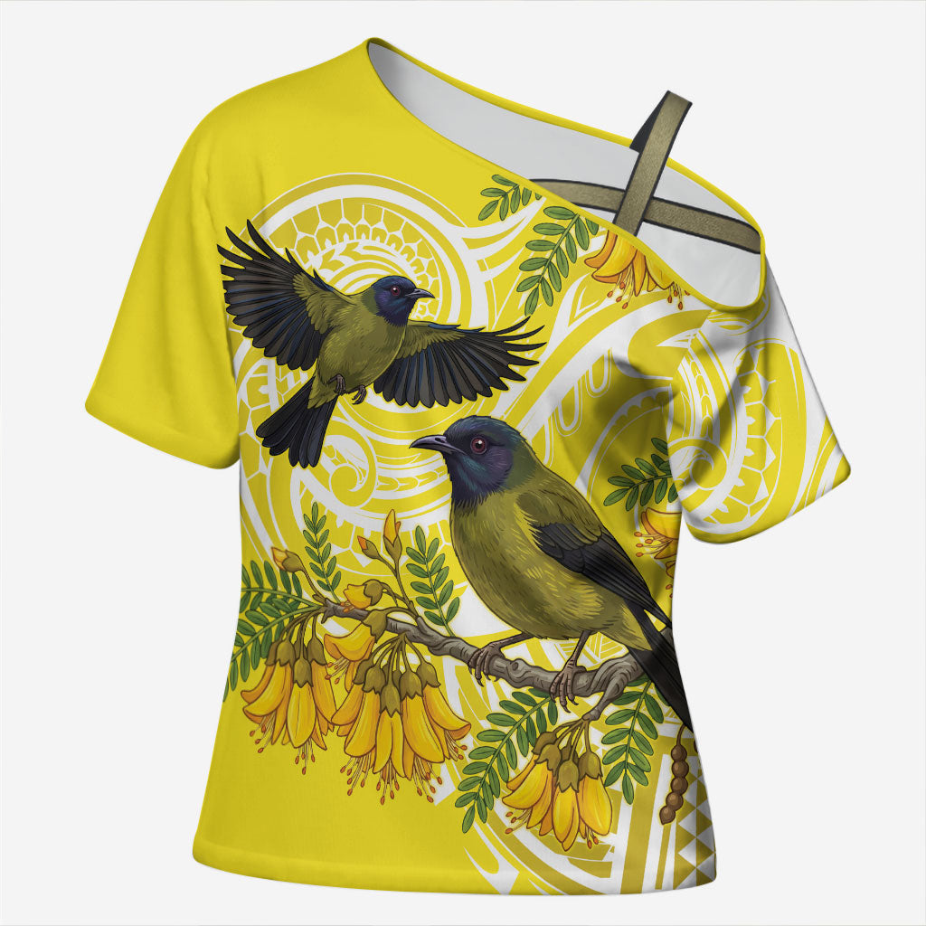 Bellbird New Zealand Cross Shoulder Shirt Korimako Kowhai Maori Pattern