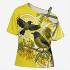 Bellbird New Zealand Cross Shoulder Shirt Korimako Kowhai Maori Pattern