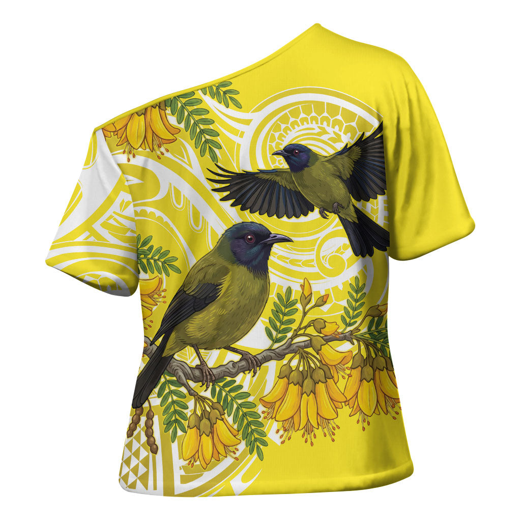 Bellbird New Zealand Cross Shoulder Shirt Korimako Kowhai Maori Pattern
