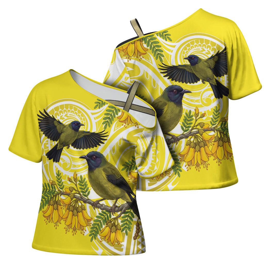 Bellbird New Zealand Cross Shoulder Shirt Korimako Kowhai Maori Pattern
