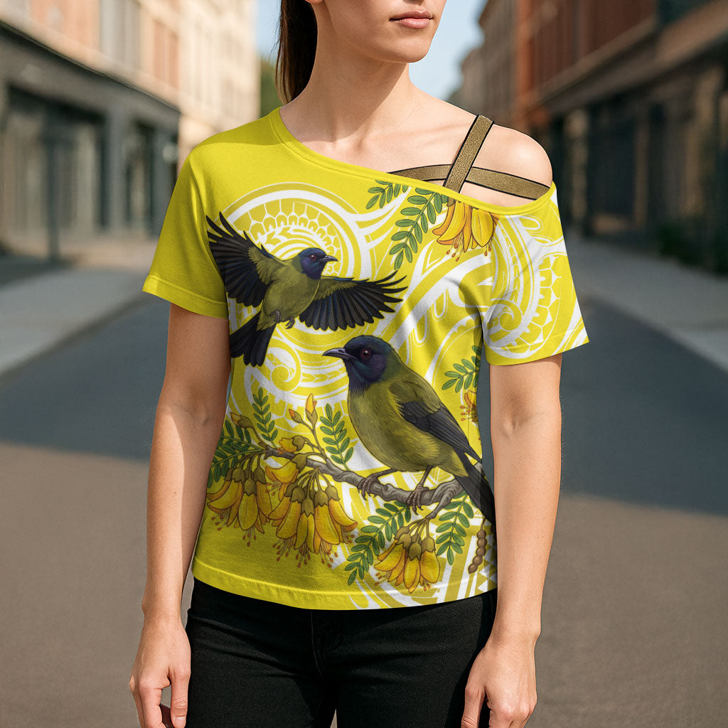Bellbird New Zealand Cross Shoulder Shirt Korimako Kowhai Maori Pattern
