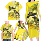 Bellbird New Zealand Family Matching Long Sleeve Bodycon Dress and Hawaiian Shirt Korimako Kowhai Maori Pattern