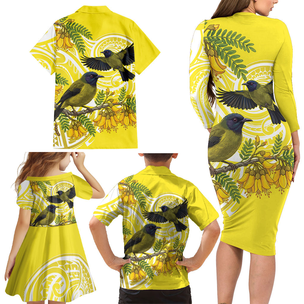 Bellbird New Zealand Family Matching Long Sleeve Bodycon Dress and Hawaiian Shirt Korimako Kowhai Maori Pattern