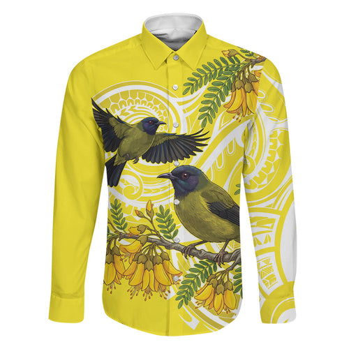 Bellbird New Zealand Family Matching Long Sleeve Bodycon Dress and Hawaiian Shirt Korimako Kowhai Maori Pattern