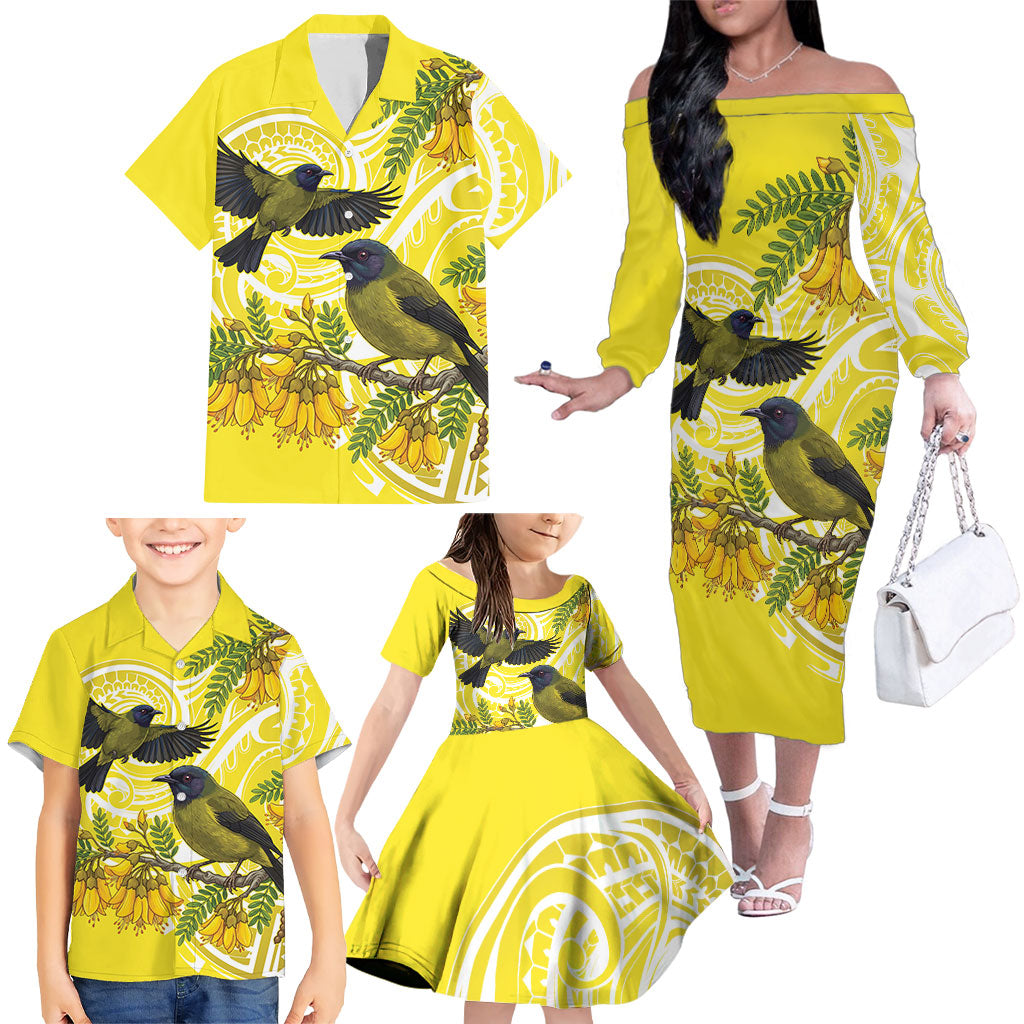 Bellbird New Zealand Family Matching Off The Shoulder Long Sleeve Dress and Hawaiian Shirt Korimako Kowhai Maori Pattern